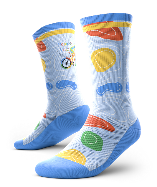 Bas Rapido Vélo colorés, chaussettes longues bleu clair avec motif vélo et logo Rapido Vélo